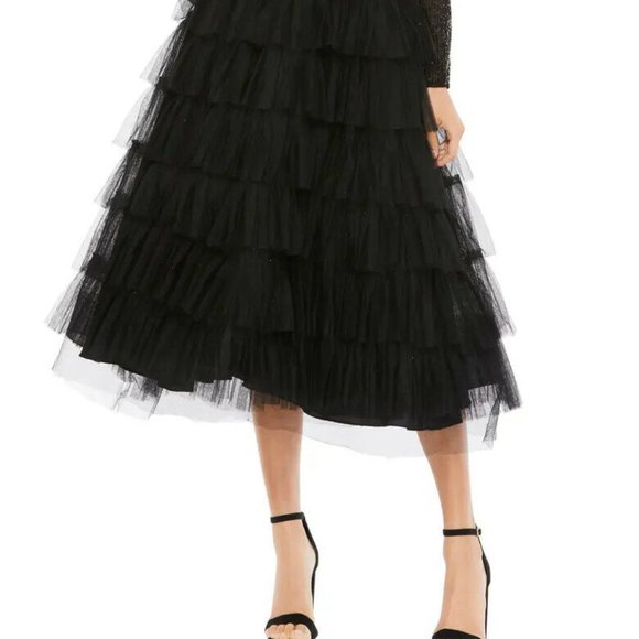 Mac Duggal Black Sequin Tiered Long Sleeve Tulle Dress - Picture 2 of 5